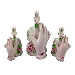 Figural Porcelain Hand and Violin Vase & Salt Pepper Shakers Vintage 1950s Japan
